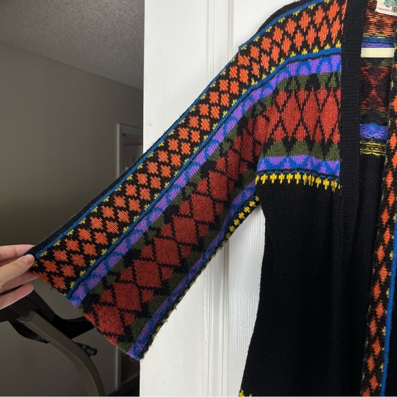 Vintage Boho 70’s Open Front Geo Knit Mid Long Cardigan Duster Sweater Sz M - Picture 3 of 7